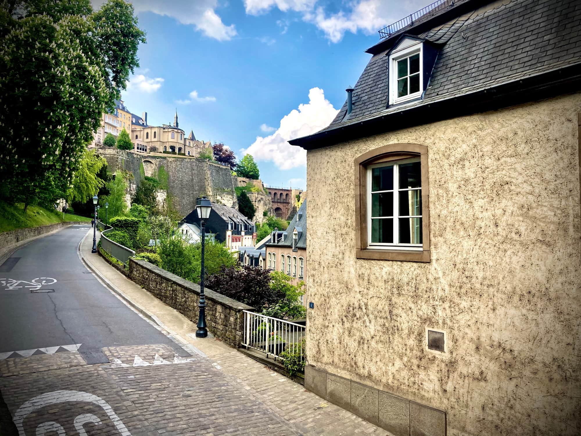A street in Luxembourg City, with the old town above