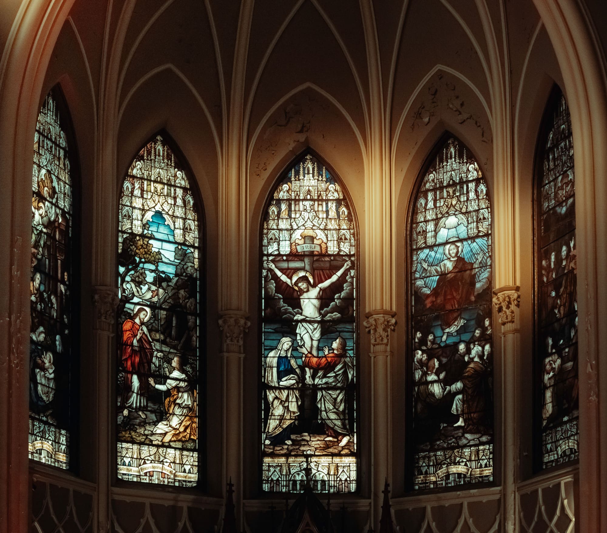 Stained-glass windows in a church apse