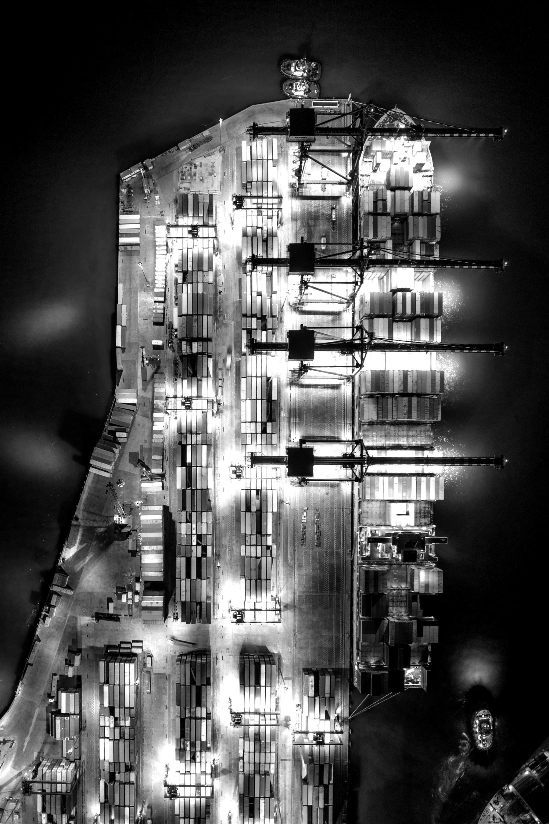 Container port at night, seen from above
