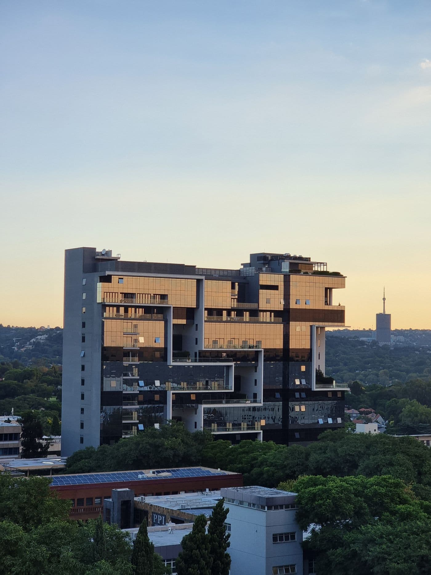 Modern building in Johannesburg at sunset